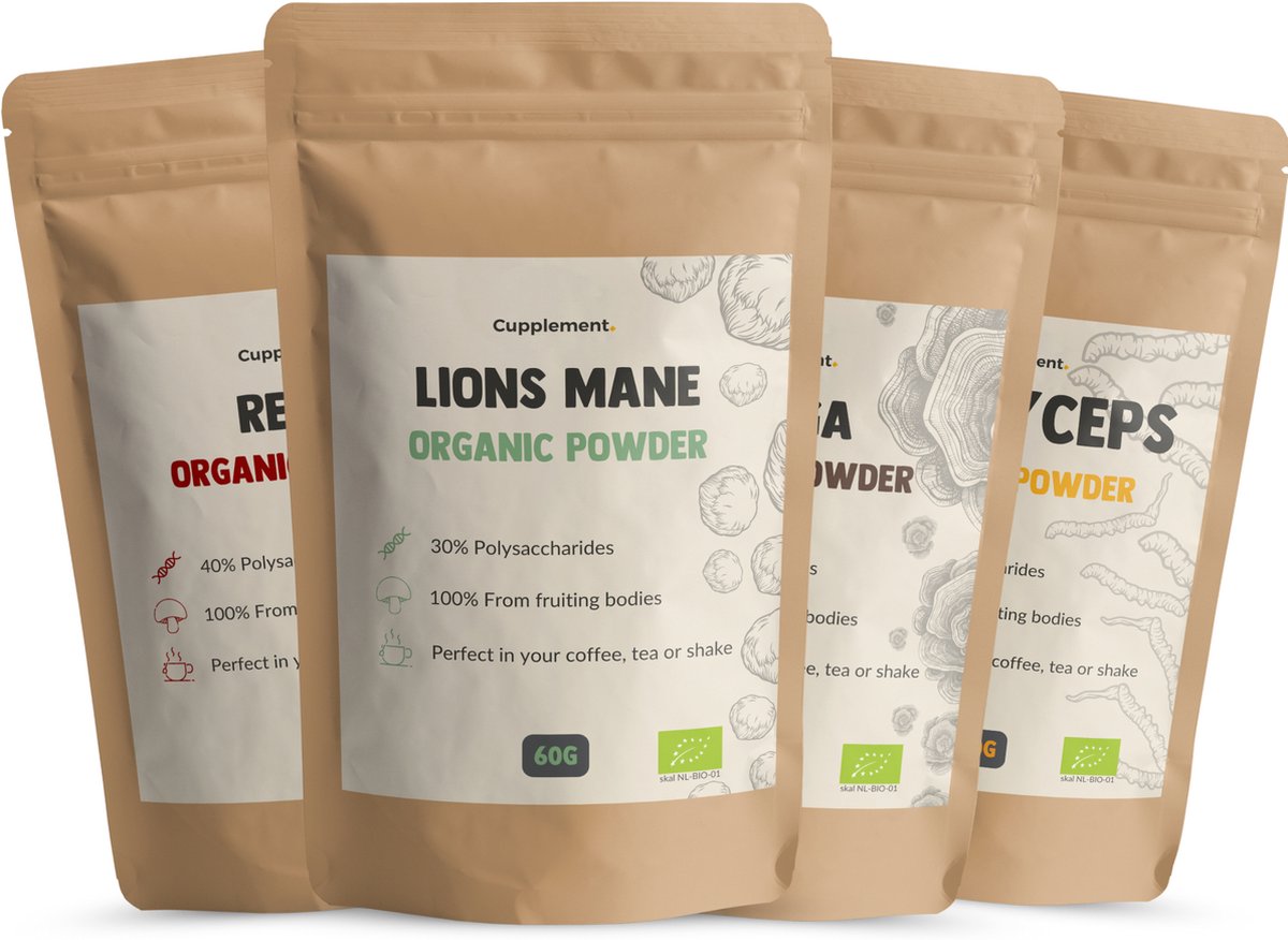 Goedkoopste Cupplement Paddenstoelen Poeder Mix 5 Delige Set Met 60 Gram Reishi, Chaga, Lions Mane & Cordyceps Biologisch - Inclusief Opschuimer & Scoops - Geen Capsule of Extract - Superfood - Supplement - Pruikzwam - Mushroom