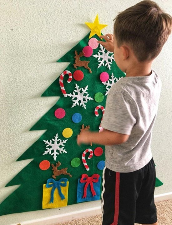 DIY Kerstboom, Vilten Kerstboom voor Kinderen, Kinderen met 32PCS Verwijderbare Ornamenten, Hangende Decoratiedecoratie voor Huisdeur Muur(100 x70cm