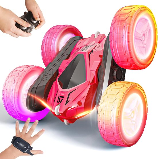 cosone Auto's met afstandsbediening, RC-auto's, stuntauto, 2,4 GHz, op afstand bestuurd autospeelgoed voor jongens, vierwielaandrijving, offroad-stuntauto, dubbelzijdig, 360° draaibaar, cadeau voor