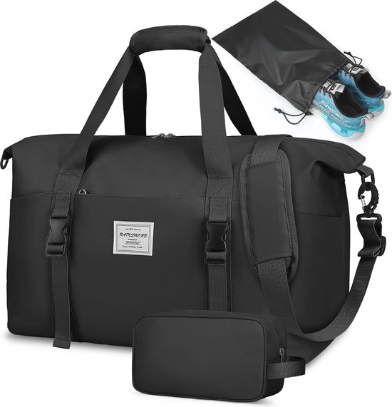 RAINSMORE Sporttas voor dames en heren, grote reistas, 40 l en 55 liter, waterdicht, met schoenenvak, nat vak, weekendtas, trainingstas, zwemtas, gymtas, sporttas, zwart, zwart, 55L