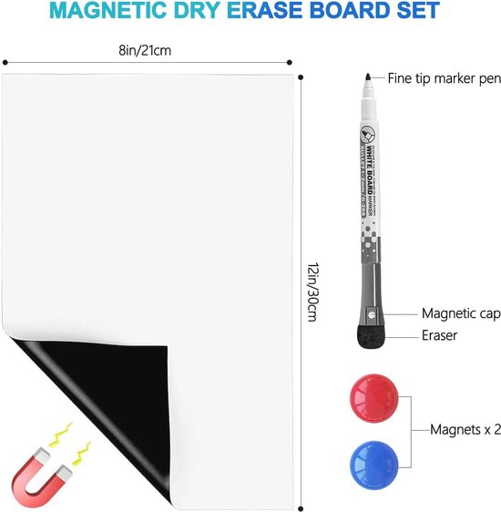 Bosdontek Magnetisch whiteboard voor koelkast A4 magneetbord keuken whiteboard folie, afveegbaar magneetbord koelkast memoboard magneet, incl. 3 pen & 1 gum voor menuplanning en boodschappenlijstje