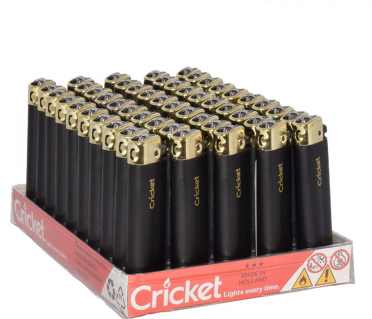 Cricket Original Black & Gold Matte aanstekers Display (50 stuks) - tot 2.000 vlammetjes - Made in Holland