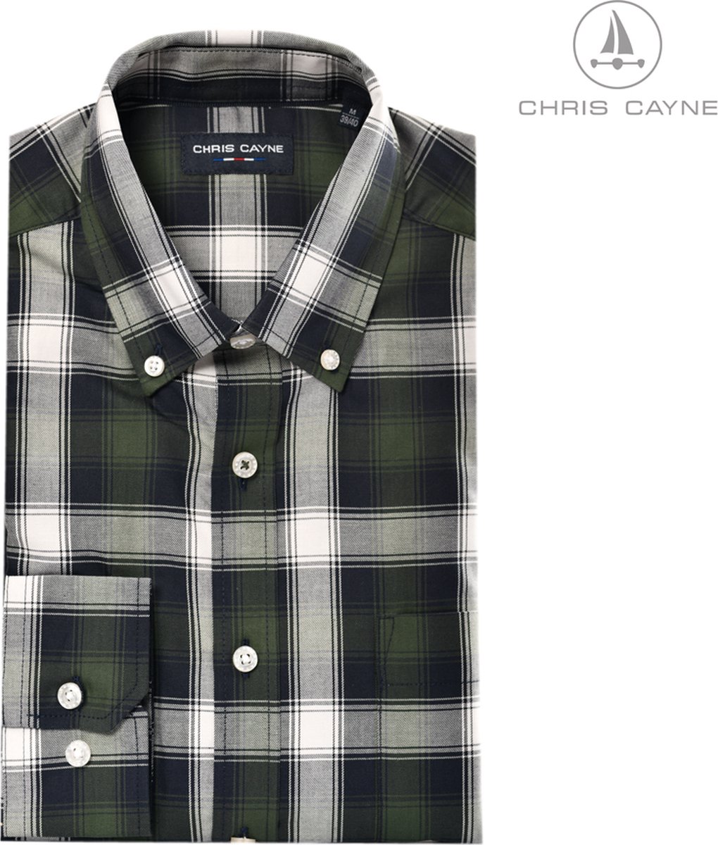 Chris Cayne heren overhemd lange mouw - borstzak - L - donkerblauw/groen/offwhite - geruit patroon - Katoen