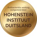 Une médaille dorée avec le texte : 'Action antibactérienne prouvée par : INSTITUT HOHENSTEIN ALLEMAGNE'.