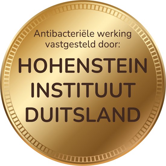 Une médaille dorée avec le texte : 'Action antibactérienne prouvée par : INSTITUT HOHENSTEIN ALLEMAGNE'.