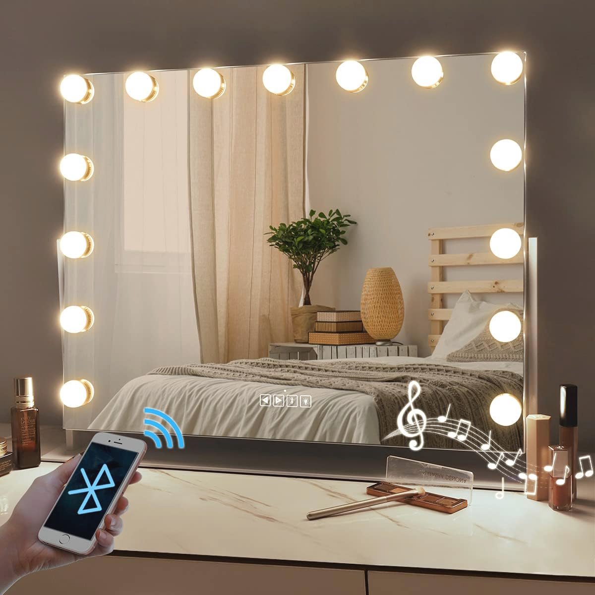 Slaapkamer Kaptafel met Hollywood LED Spiegel en Kruk - Make-up Tafel Organizer met 7 Planken en 4 Laden voor Vrouwen en Meisjes