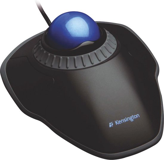Zwarte Kensington trackball muis met blauwe bal en scrollring, van bovenaf gezien.