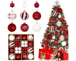 oCreon 44 Stuks Plastic Kerstballen - Witte en Rode Versiering voor Binnen - en Buitengebruik