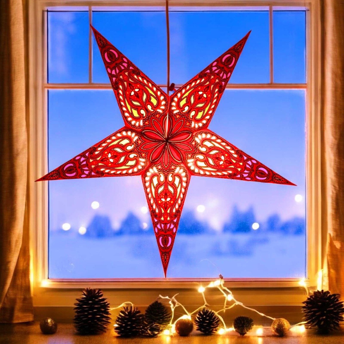 Kerstster papier met verlichting - 60 cm diameter, 24 cm diep - Kerst ster voor binnen - Ganesha Rood - FSC papier - Incl. 3 m. snoer met stekker, schakelaar en E14-fitting - Kerst Raam decoratie - Kerstversiering - Kerstverlichting – foto 5
