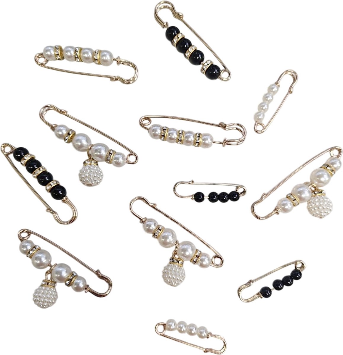 Fako Bijoux® - Sierspeld / Sjaalspeld Set - Witte en Zwarte Parels - Goudkleurig - Set 12 Stuks