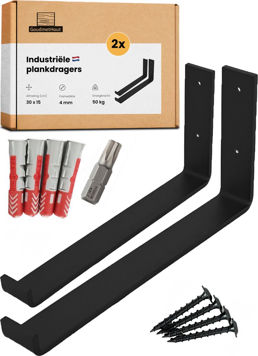 GoudmetHout Industriële Plankdragers L-vorm UP 30 cm - Staal - Mat Zwart - 4 cm x 30 cm x 15 cm - Plankendrager