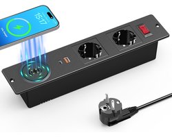 StayPowered Inbouw Stekkerdoos - Strak Design Voor Een Opgeruimd Bureau - Supersnel USB-C 20 W Opladen - 15 W Draadloos Opladen - Geschikt Voor Werkplek & Keuken - Eenvoudige Installatie - 2500 W - 2m Kabel - Zwart - Levering Sneller dan Aangegeven!