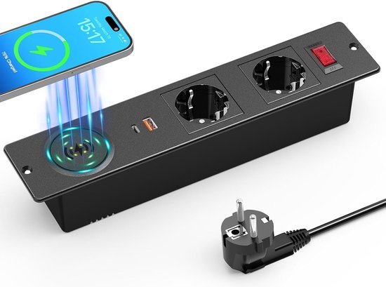 StayPowered Inbouw Stekkerdoos - Strak Design Voor Een Opgeruimd Bureau - Supersnel USB-C 20 W Opladen - 15 W Draadloos Opladen - Geschikt Voor Werkplek & Keuken - Eenvoudige Installatie - 2500 W - 2m Kabel - Zwart - Levering Sneller dan Aangegeven!
