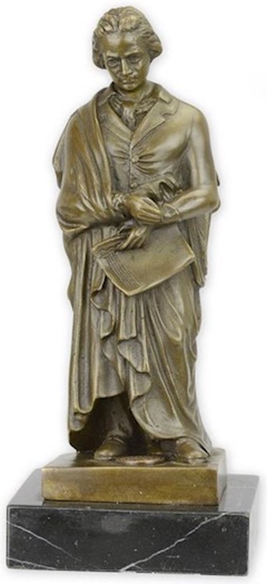 Beeldje Beethoven van brons op marmeren voet – decoratief bronzen beeld Beethoven – kunstzinnige muziekbeeldhouwwerk voor sfeervolle woon- of kantoorinrichting