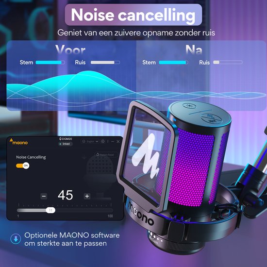 Maono DGM20S - Microphone de Gaming USB avec bras - Convient pour PC, Mac et Playstation - RVB - Zwart