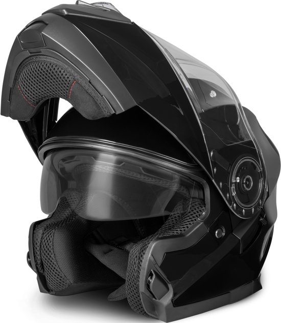 VINZ Santos Systeemhelm met Zonnevizier | Scooterhelm & Motorhelm & Brommerhelm | ECE 22.06 goedgekeurd | Lichtgewicht 1600 gram | Inclusief Opbergzak | Zwart - XS