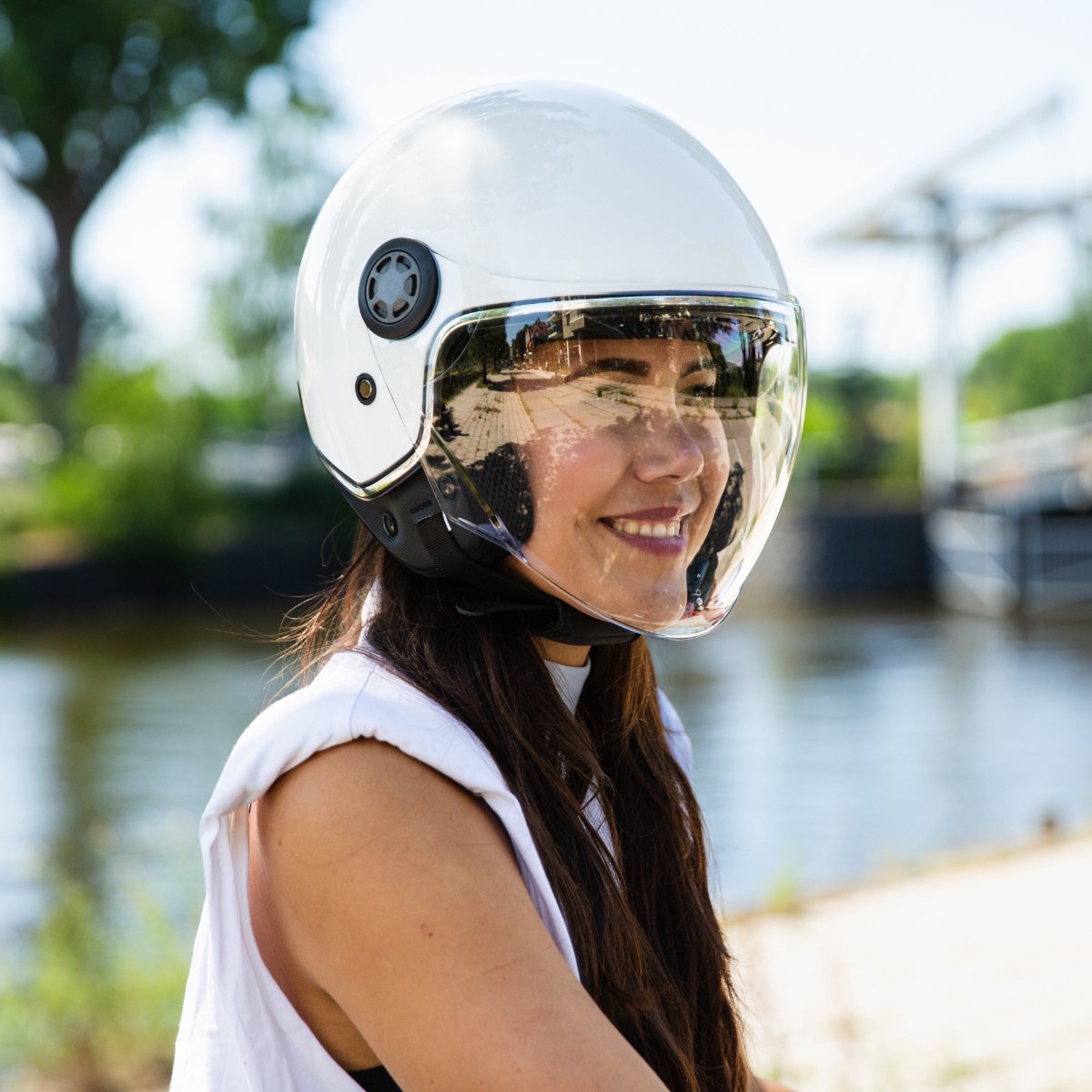 VINZ Arenas Jet Helmet With Sun Visor And Visor | Vintage Scooter Helmet With Stripes | ECE 22.06 Certified | Sizes XS-XXL - Light Blue