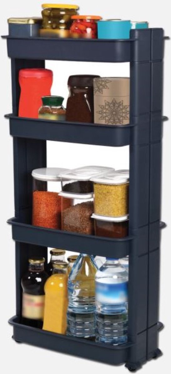 Motek® - Keukenrek opbergrek - 4 laags op Wieltjes met Vakken - kast - Keuken organizer - Keukentrolley met wielen - Badkamer - Zwart