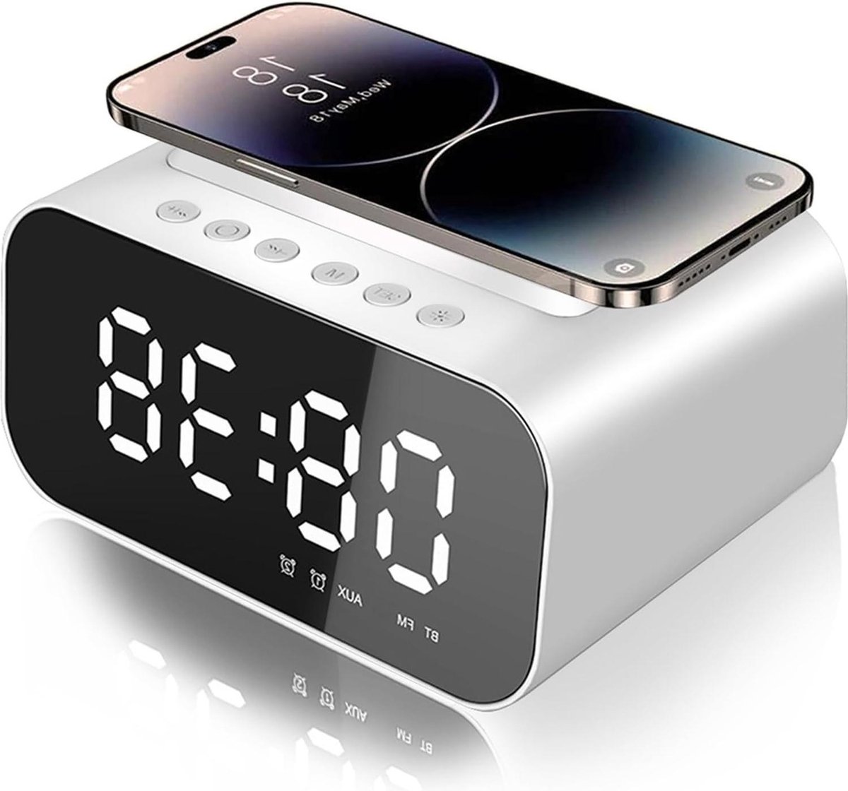 Mrs. Jones Digitale radiowekker draadloos laadstation spiegel Bluetooth dubbele alarmen snooze temperatuur 3 helderheid 16 volumeniveaus kantoor slaapkamer (wit) .