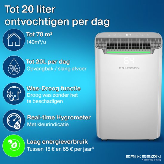 Erikssøn Luchtontvochtiger Dry Pro Plus - Ontvochtigt Tot 20 Liter Per Dag - Was-droog Functie - Geschikt Voor Huis, Slaapkamer , Badkamer , Woonkamer En Kelder - Dehumidifier - Wit