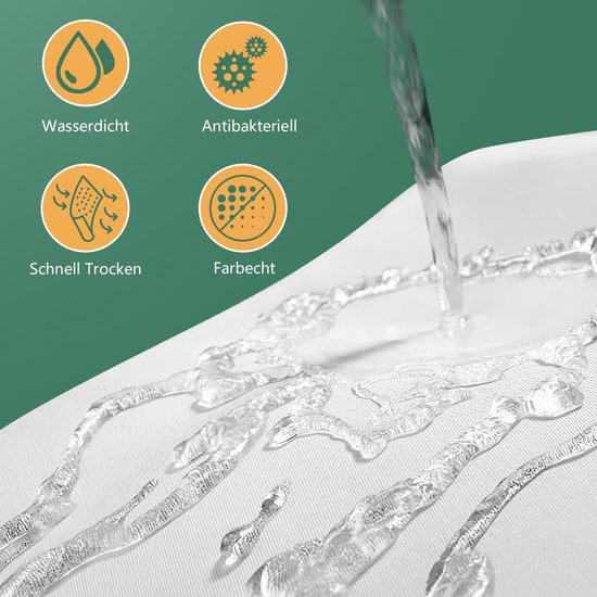 Close-up van een douchegordijn waarop water afparelt. Iconen tonen waterdicht, antibacterieel, sneldrogend en kleurecht.