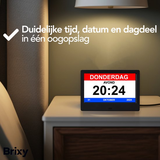 Brixy Dementieklok - 24 Alarmfuncties - Incl. Afstandsbediening - Automatische Dimfunctie - Kalenderklok - Zwart