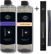 Navulling Lavendel Jasmijn + Vanille Mango - Geurstokjes Navulling Set van 2 + 5 Geurstokjes - Geurverspreider - Luchtverfrisser - Huisparfum - 400ml x 2