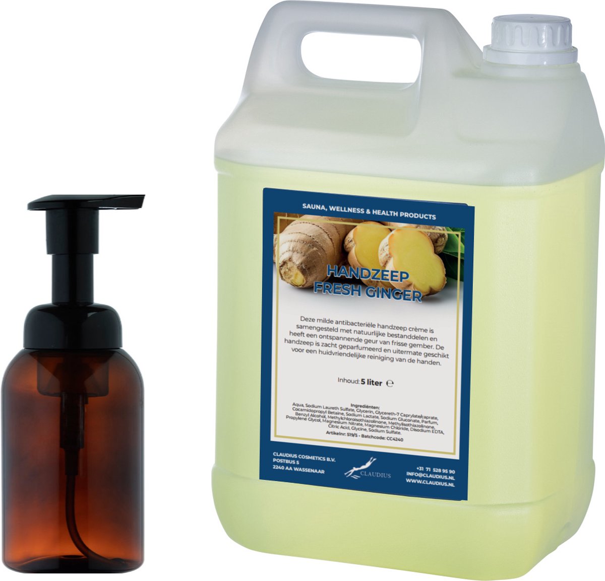 Goedkoopste Zeepdispenser 300 ml amber bruin hervulbaar 5 liter Handzeep Fresh Ginger navulling