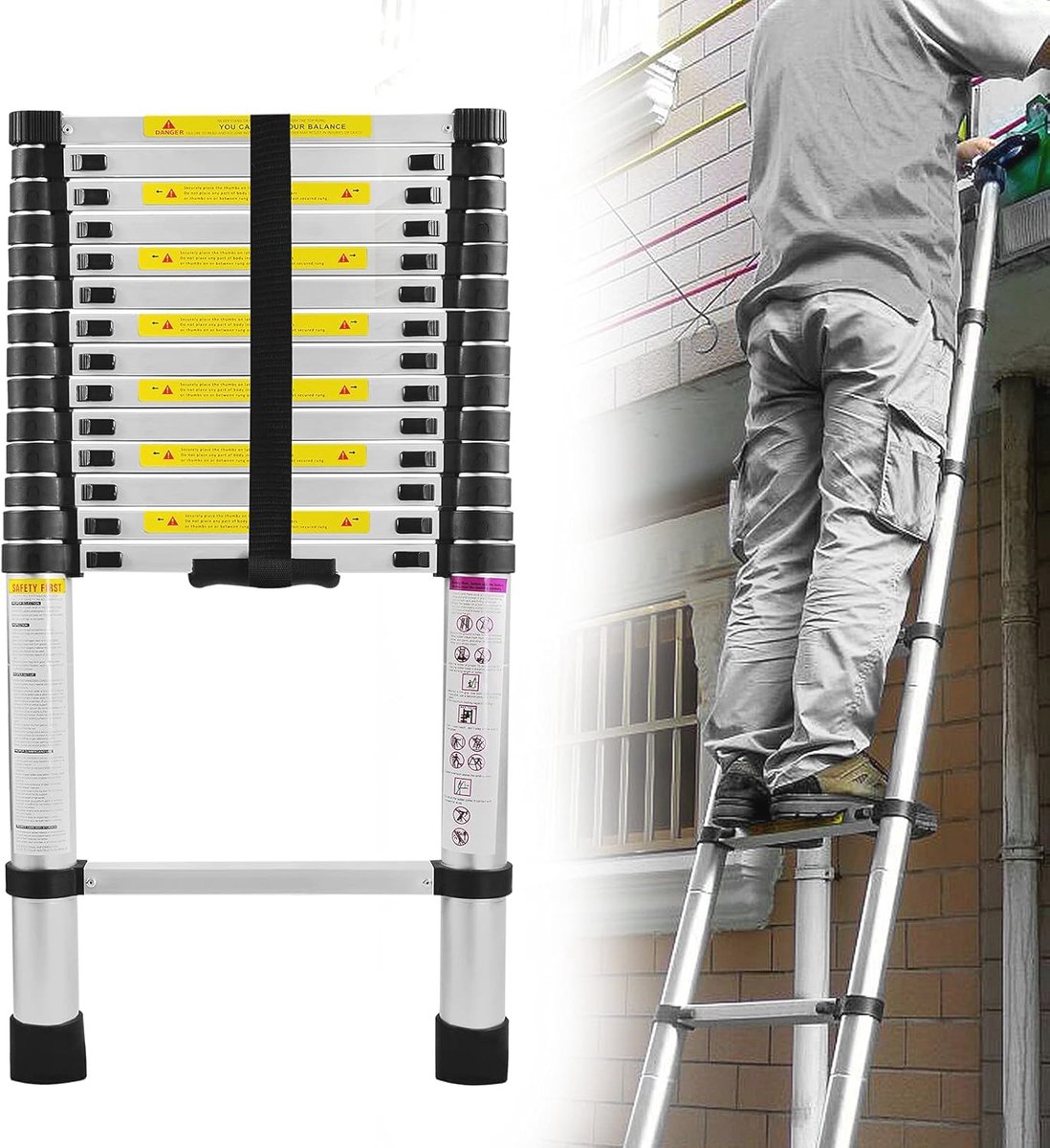 Telescopische Ladder - Opvouwbare Ladder - Klusjes Binnenshuis - Lichtgewicht Aluminium - 440 cm - Zilver