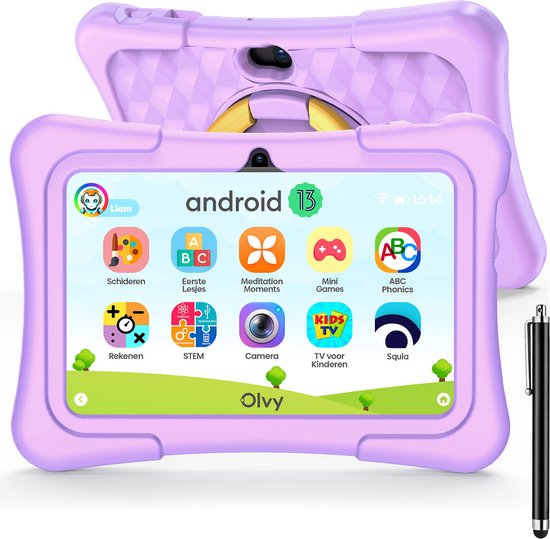 Olvy Kindertablet Vanaf 3 Jaar - Android 13 - 96GB - Tablet - Ouder Control App - 7 Inch - Tablet Kinderen - Stevige Beschermhoes - 100% Kidsproof
