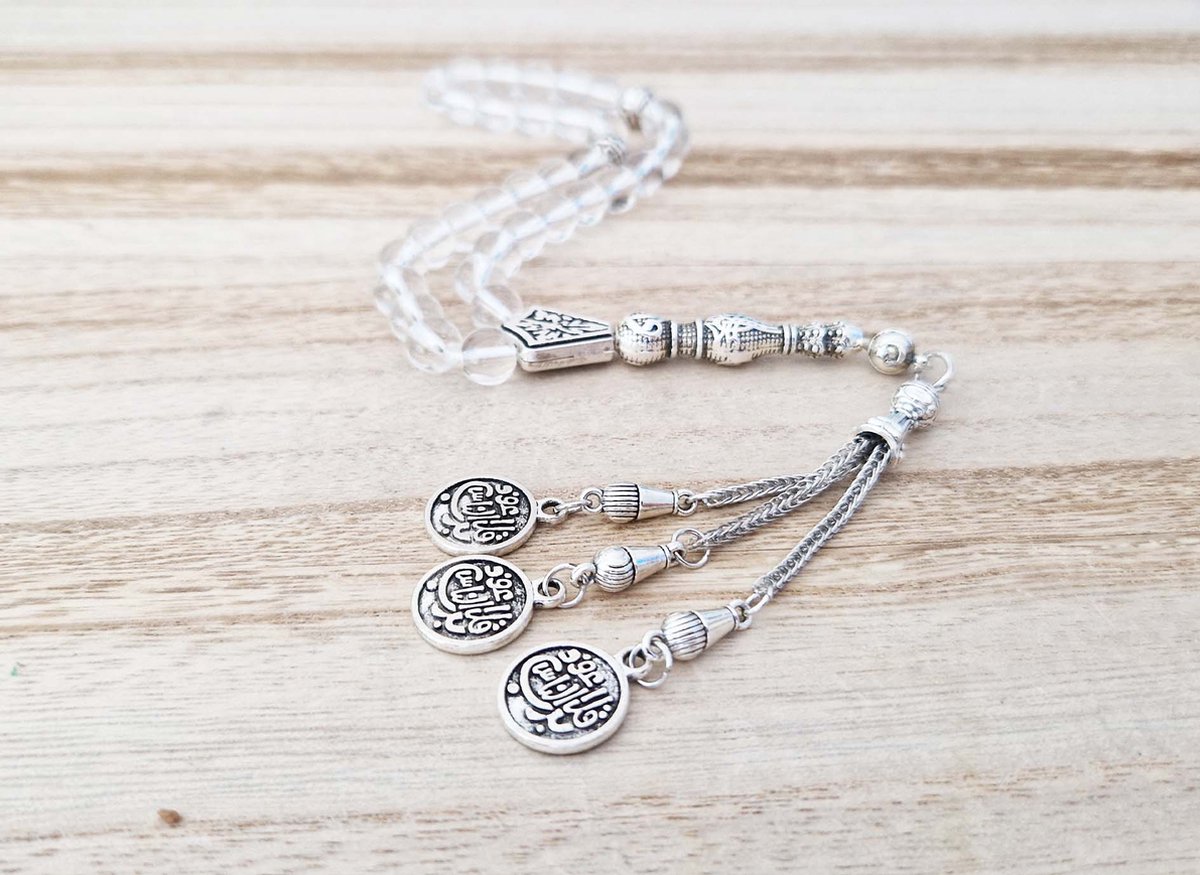 Handgemaakte tesbih "tasbih" natuursteen "Bergkristal" - Aantal kralen 33 - Diameter kralen 8 MM - met metaal tassel "model D4" - Een mooi cadeau-idee