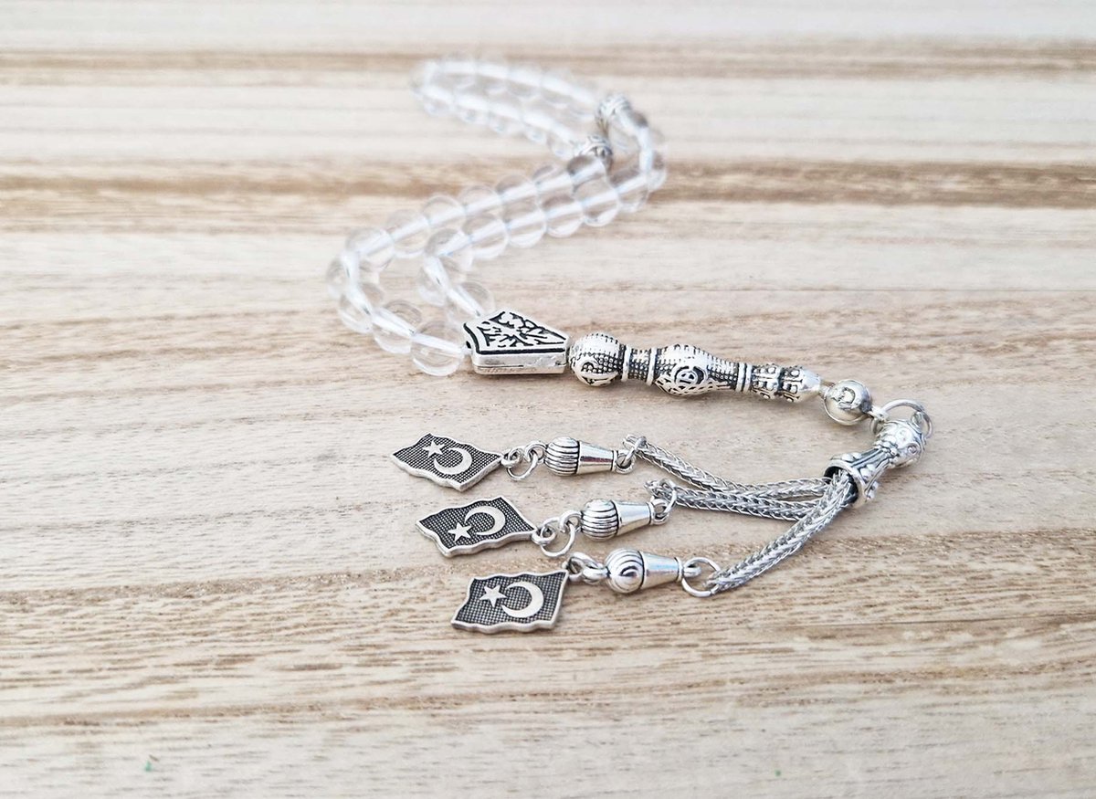 Handgemaakte tesbih "tasbih" natuursteen "Bergkristal" - Aantal kralen 33 - Diameter kralen 8 MM - met metaal tassel "model D2" - Een mooi cadeau-idee