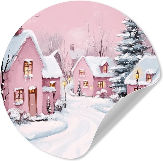 WallCircle® - Behangcirkel 100x100 cm - Muurstickers Kerstdorp - Roze - Winter - Sneeuw - Huizen - Muurcirkel woonkamer - Wandcirkel - Kamer decoratie zelfklevend - Muurdecoratie - Kerstdecoratie voor binnen - Kerstversiering - Kerstmis versiering