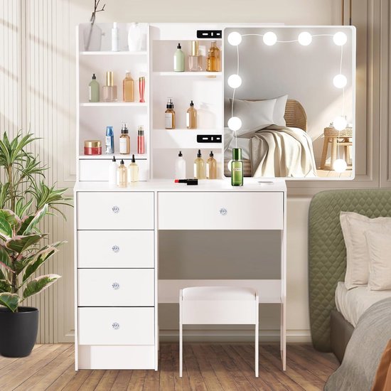 Make-up Tafel Lucia Wit 140x110x40cm LED Rolkruk