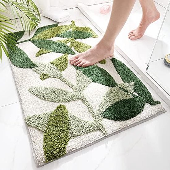 Badmat antislip - Antislipbadmat - 50x80cm - duurzaam waterabsorberend badkamertapijt - machinewasbaar - zachte en comfortabele deurmat - groene bladeren - Antislip - Deurmat