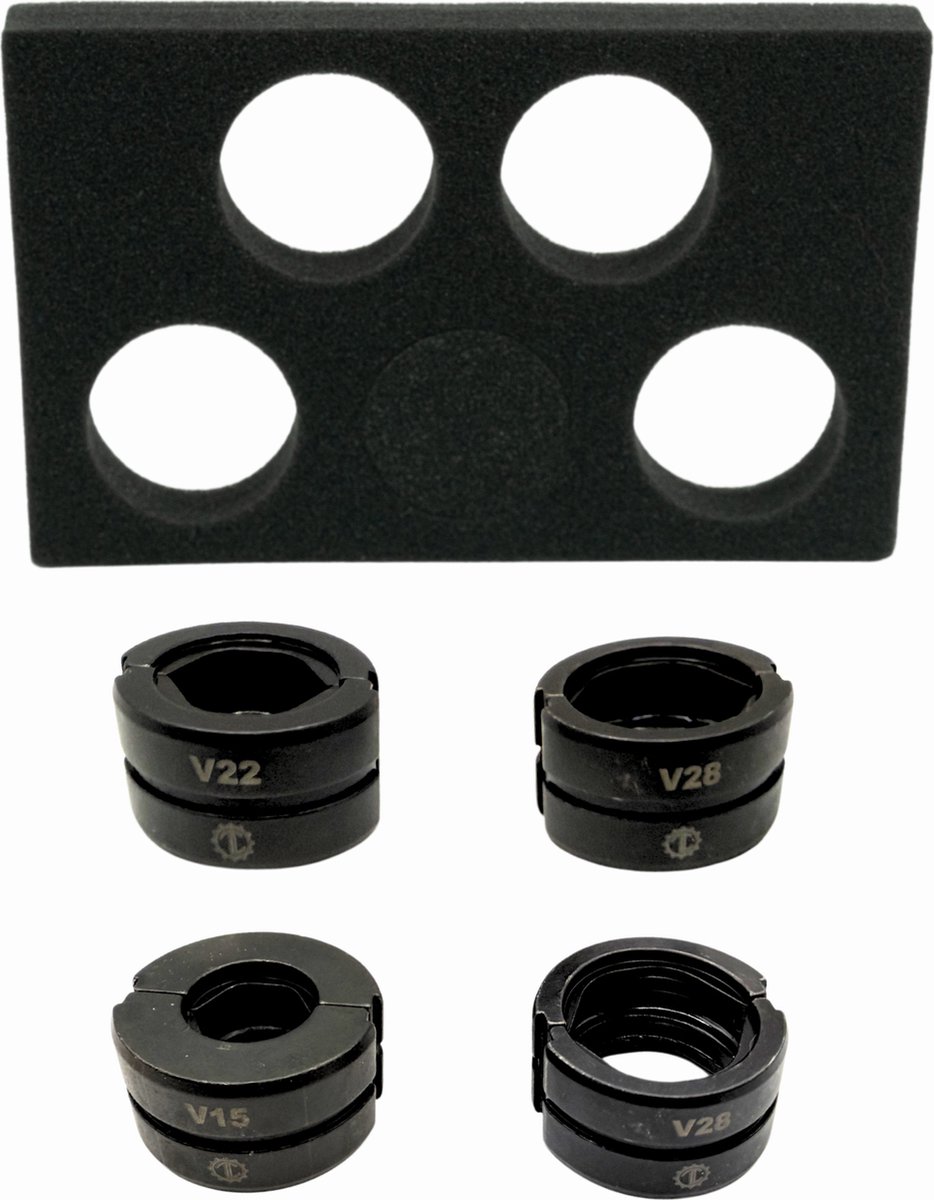 ToolLine® - Persbekken V - 4-delige V-Set, V15-V18-V22-V28 - Inclusief Foam inlay - Geschikt voor het persen van RVS, stalen en koperen leidingen