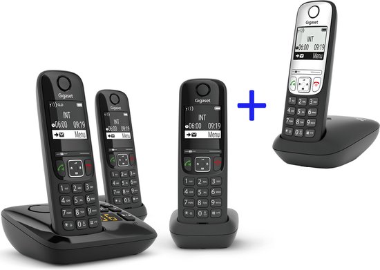 Foto: Gigaset as690a trio promo pack incl gratis handset a690hx black silver quattro aktieverpakking verlichte toetsen groot display handsfree bellen 3 zwarte handsets 1 zwart zilver