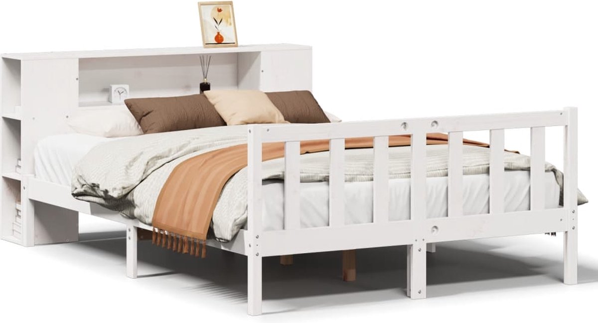 vidaXL - Bed - met - boekenkast - zonder - matras - grenenhout - wit - 160x200 - cm