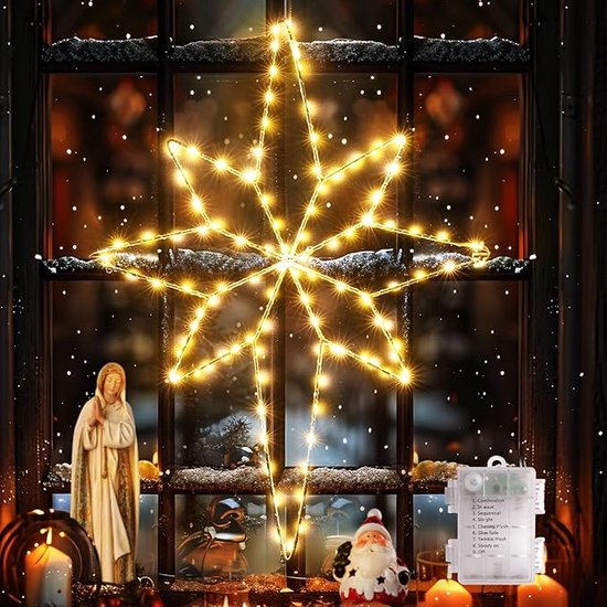 Inklapbare Kerststerren 118 LED Warm Witte - 58 cm Grote Ster Raamdecoratie met Batterij Timer Haak - IP44 Kerstverlichting voor Ramen - Kamers - Deuren en Muurglazen 1 stuks