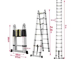 Ariqo Telescopische Ladder - Telescoop Trap - Inklapbaar - Vouwbaar - Anti-slip - Hoogte 5m - 150 kg cap. - 48 cm Breed