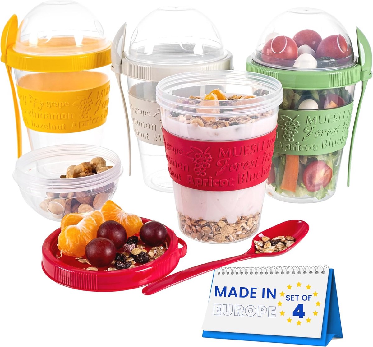 Set van 4 Yoghurtbekers To Go - Mueslibekers met Lepel voor Snel Tussendoortje