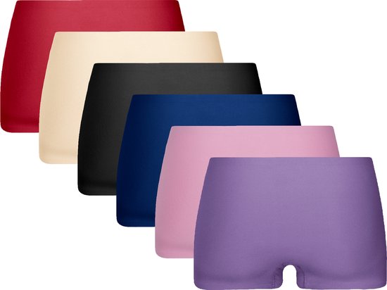 Stapel van zes midi shorts in rood, crème, zwart, navy, roze en paars.