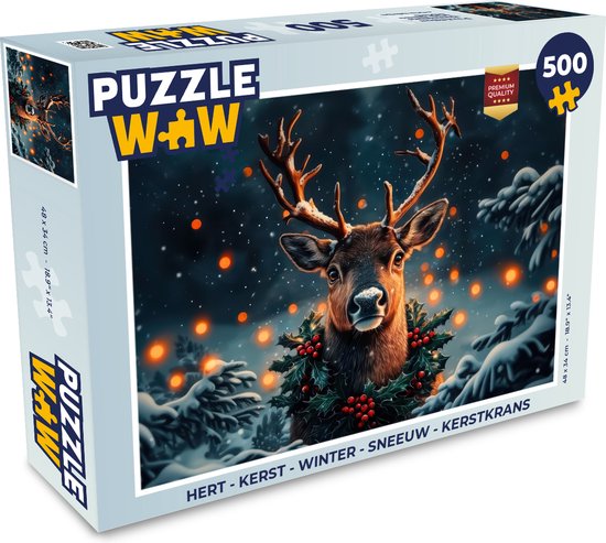 Puzzle Cerf - Noël - Hiver - Neige - Couronne de Noël - Puzzle - Puzzle 500 pièces - Noël - Cadeau - Cadeau de Noël pour hommes, femmes et enfants