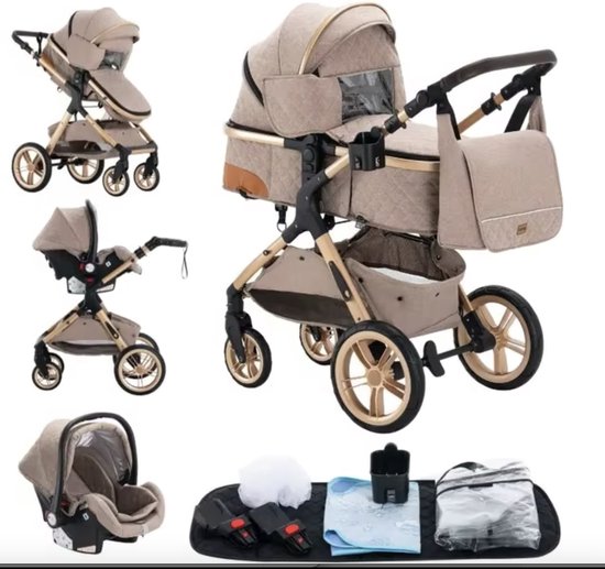 Beige kinderwagen met goudkleurig frame, inclusief autostoel, reiswieg en accessoires. Ook losse onderdelen getoond.