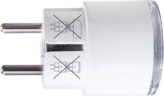 Witte Shelly Plug S met transparante kap en zilveren stekkerpennen, met verbodsillustraties.