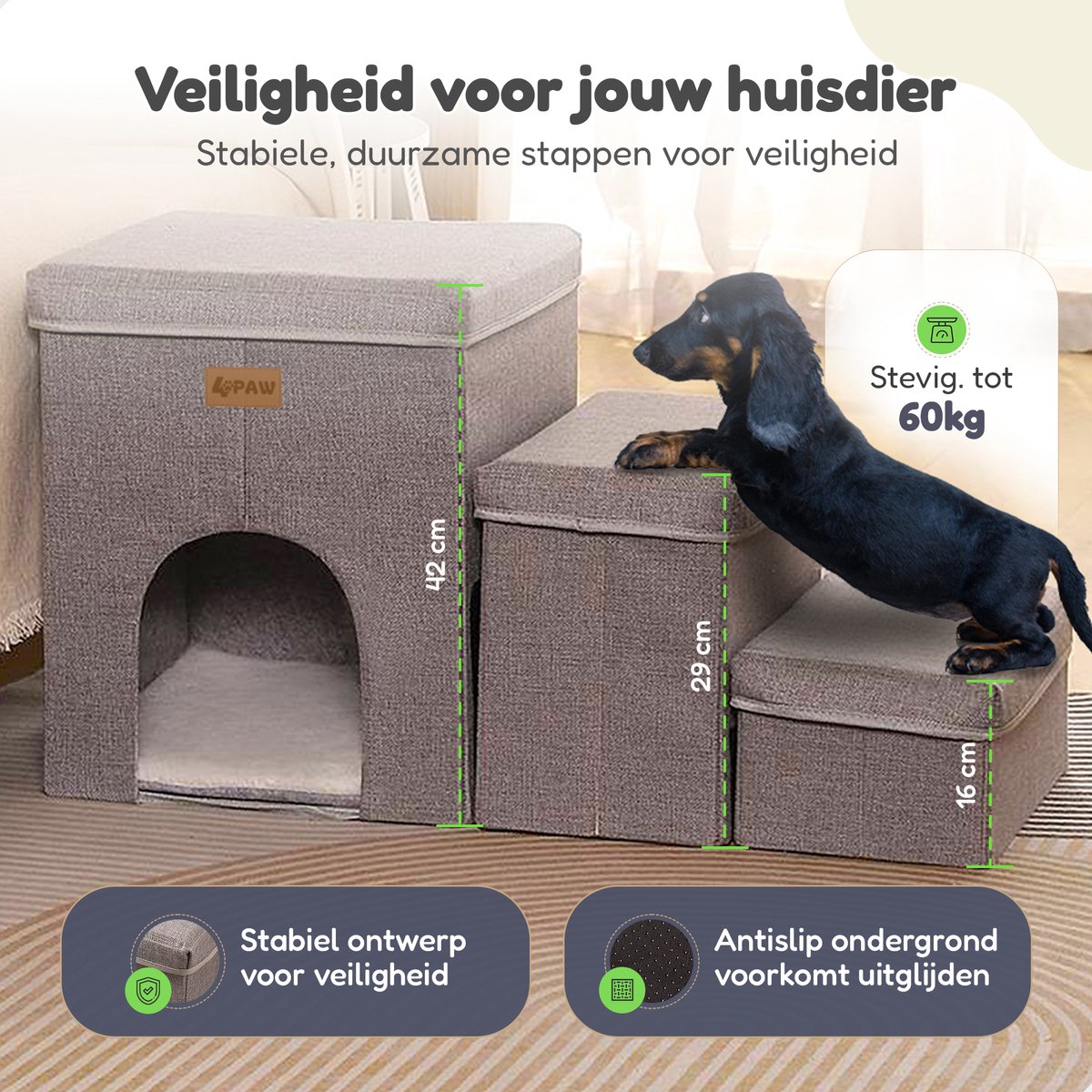 ORHEYA Trap voor kleine honden en oudere katten, opvouwbaar, van kunststof, voor bed van 50 cm hoog, belastbaar tot 75 kg, grijs