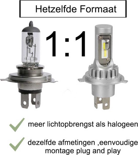 Vergelijking van een halogeenlamp en een LED-lamp met de tekst 'Hetzelfde formaat', '1:1', 'meer lichtopbrengst als halogeen', 'dezelfde afmetingen, eenvoudige montage plug and play'.