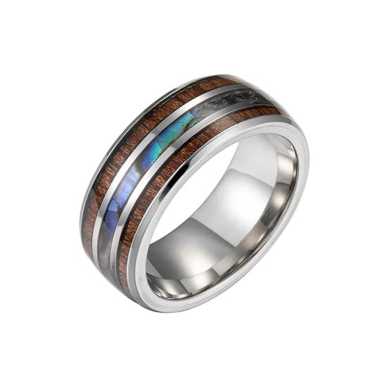 Zilverkleurige ring met aan weerszijden donkerbruin hout en een middenband van iriserende schelp.
