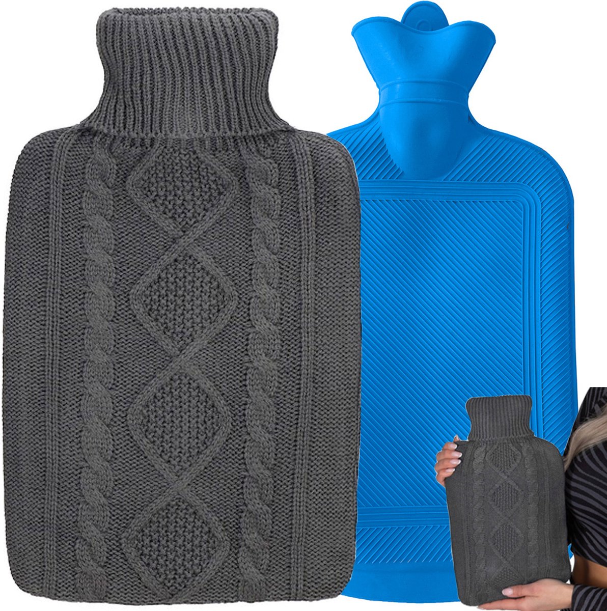 Goedkoopste Kruik met Hoes - Knitted - Tot 6 uur warmte - Heerlijk zacht - Warmwaterkruik - 2 liter – Grijs - Kerstcadeau voor Vrouwen en Mannen