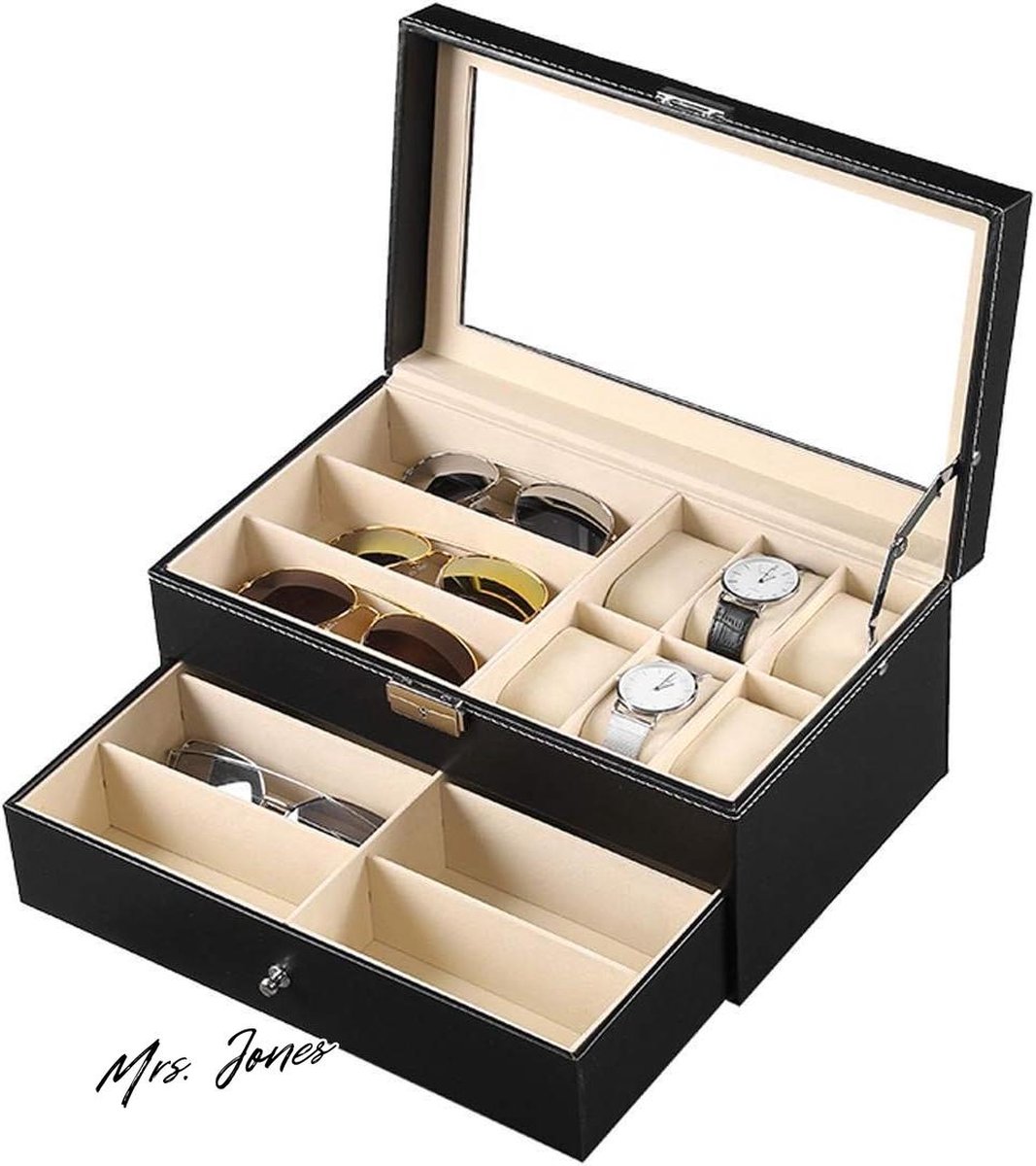Mrs. Jones Lederen Horloge Box Sieraden Case en 9 Stuk Brillen Opslag - Zonnebril Display Lade Afsluitbare Organizer Zwart .